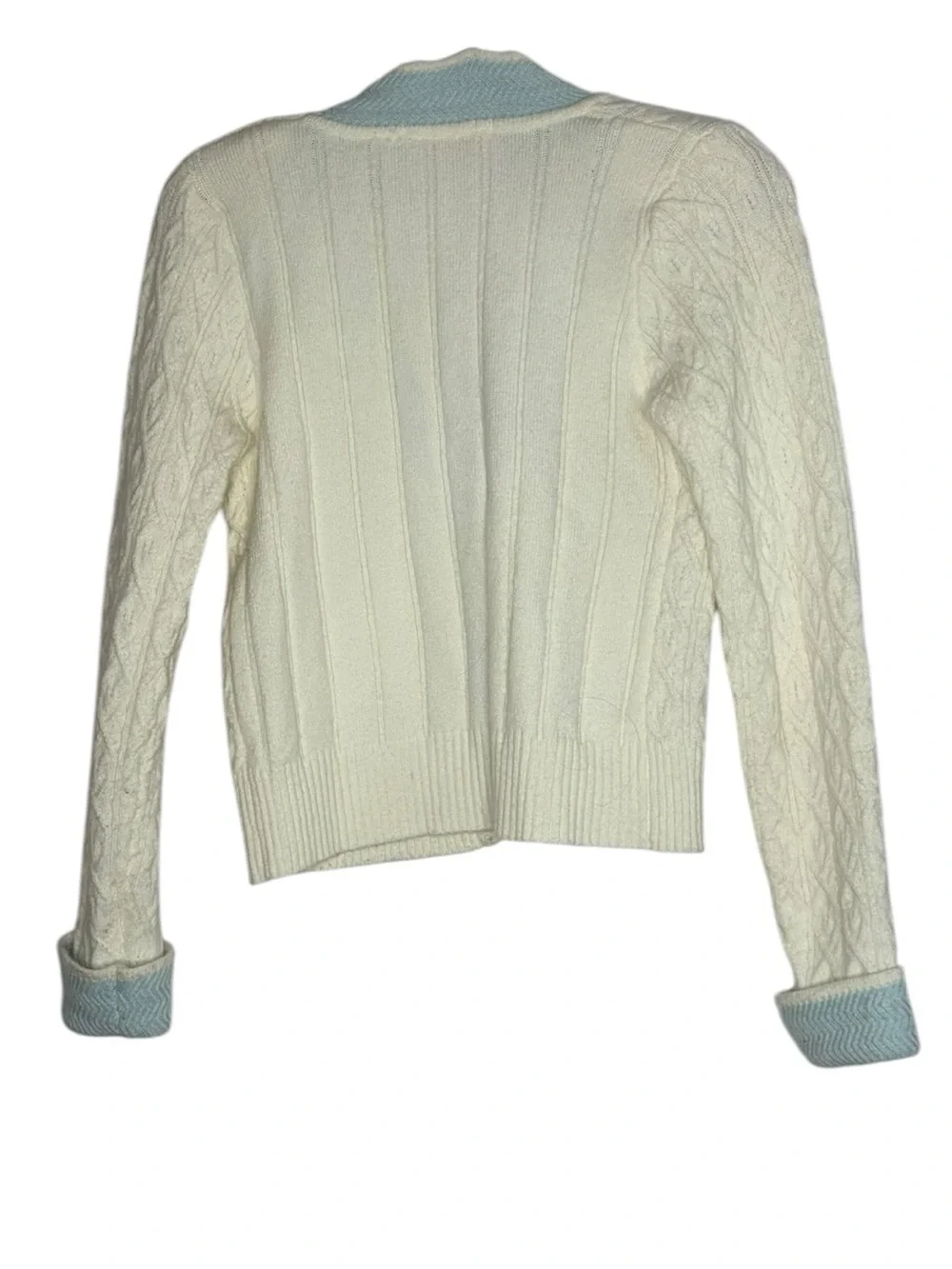 Tiffany Ann Cable Knit Cardigan Cream Blue Gold Buttons Preppy Coquette S